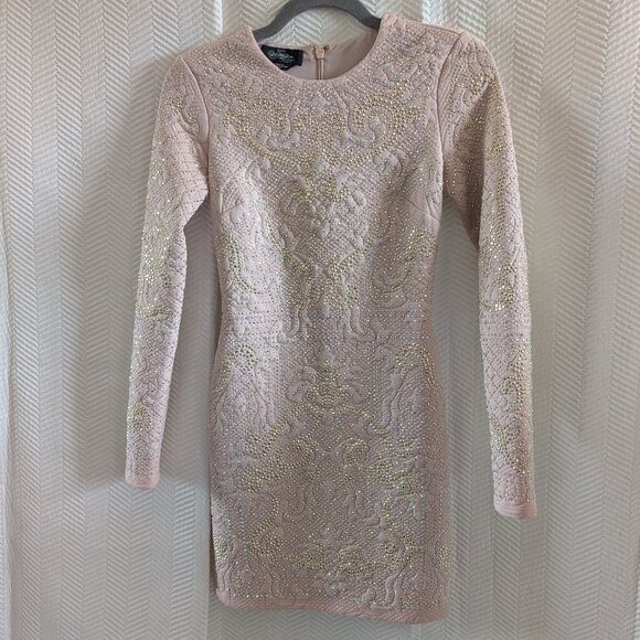 Bebe Addiction Dusty Rose Bejeweled Bodycon Mini Dress Long Sleeve Size XXS - Picture 1 of 12